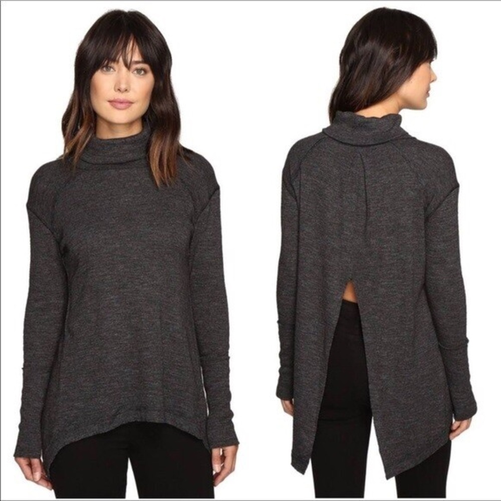 We The Free Split Back Turtleneck Long Sleeve Top Grey Black Thermal Free People